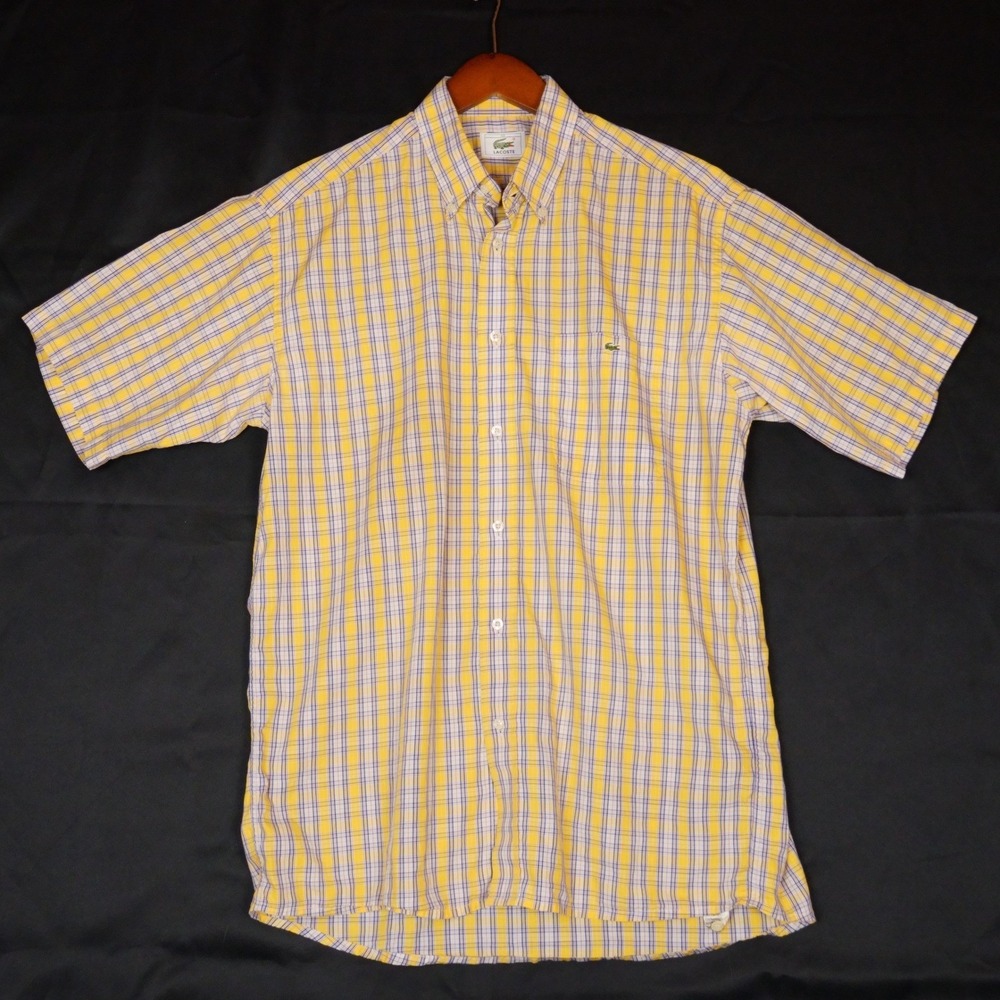 Lacoste Button Down Shirt Mens 40 Yellow Plaid Short Sleeve Casual Cotton Fit